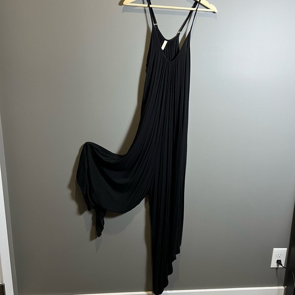 Loose Fit Black Romper Jumpsuit w/ Spaghetti straps and asymmetrical hemline - Picture 1 of 9